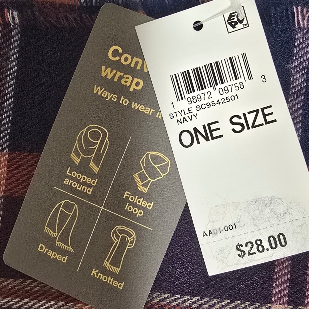 Style & Co Navy Orange Plaid Oblong Wrap Scarf with Fringe NWT - Picture 6 of 10
